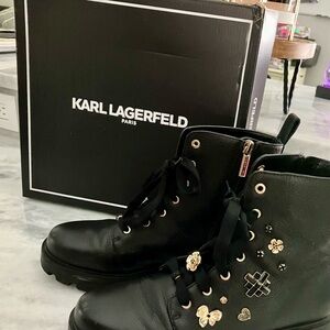 Karl Lagerfeld Black Leather Boots with Gold Accents